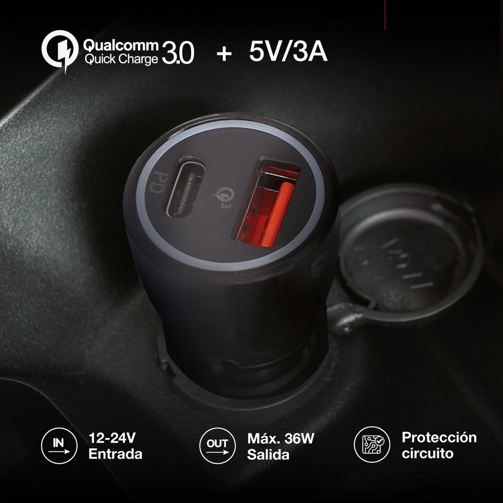 Carregador de Isqueiro 12-24v - 38W Super Fast Charge | USB + Type-C