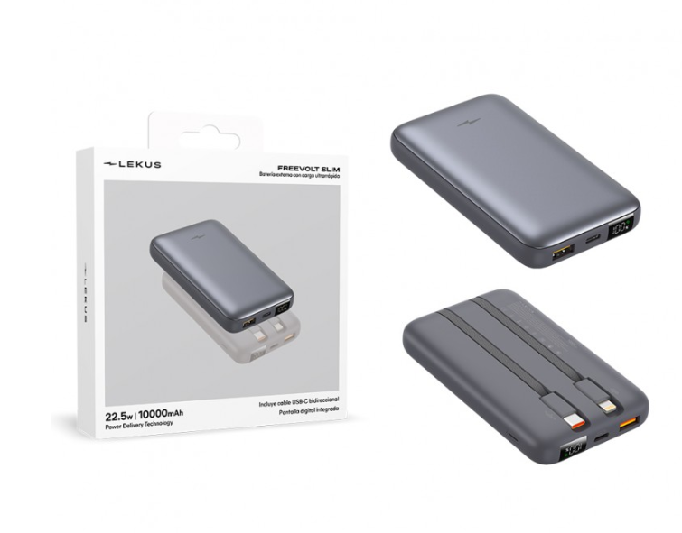 PowerBank Slim - 10000mAh 22.5W PD+QC3.0 Ecrã + Cabo USB-C/Lightning