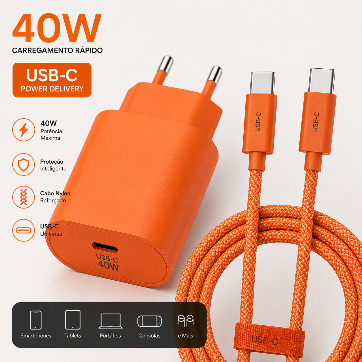 Carregador USB-C 40W com Cabo USB-C para USB-C (1 Metro)