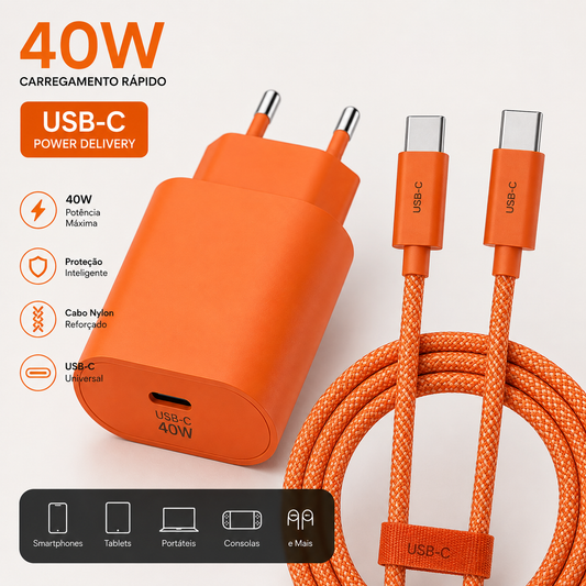 Carregador USB-C 40W com Cabo USB-C para USB-C (1 Metro)